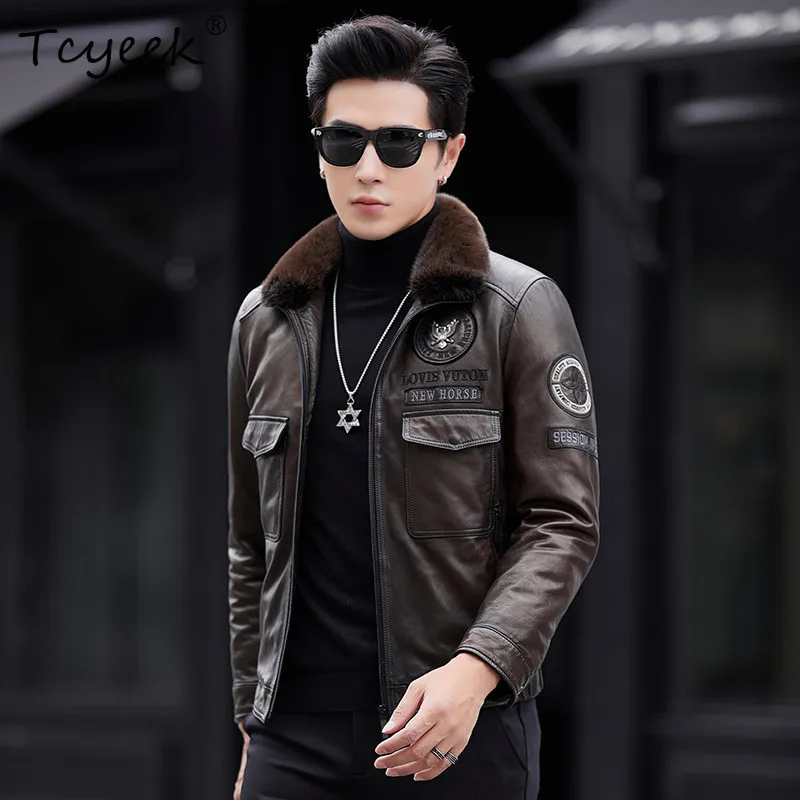 Tcyeek Real Leather Jacket Men Winter Clothes White Duck Down Coat 100% Sheepskin Mens Coats Embroidery Trendy Mink Fur Collar