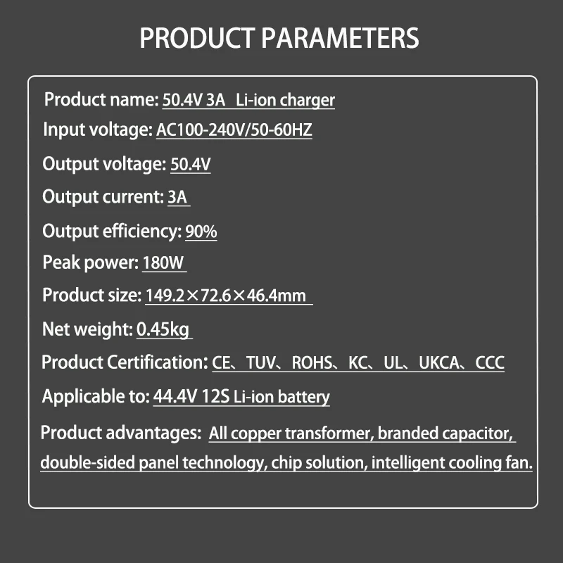 50.4V 3A Lithium Battery Charger For 12Series 44.4V Li-ion Battery Pack 150W Fast Charging With Fan Charger High quality
