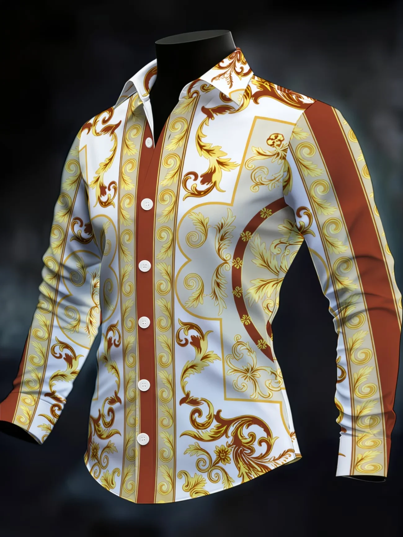 New Palace Style Golden Curly Grass Pattern Men's Long Sleeve Shirt Light Luxury Retro Printed Shirt Casual Top