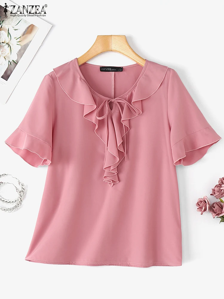 ZANZEA Casual Ruches Blouse Vrouwen Zomer Tops Vintage Lace-Up Blusas 2025 Fashion Hollow Out Effen Kleur Tuniek oversized