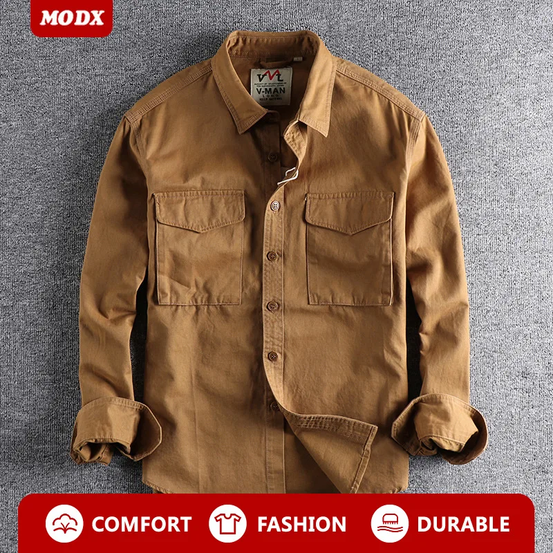 

Весенняя рубашка цвета хаки в стиле ретро, однотонная мужская рубашка с трехмерным карманом и лацканами, модное свободное пальто для отдыха, тактическое пальто