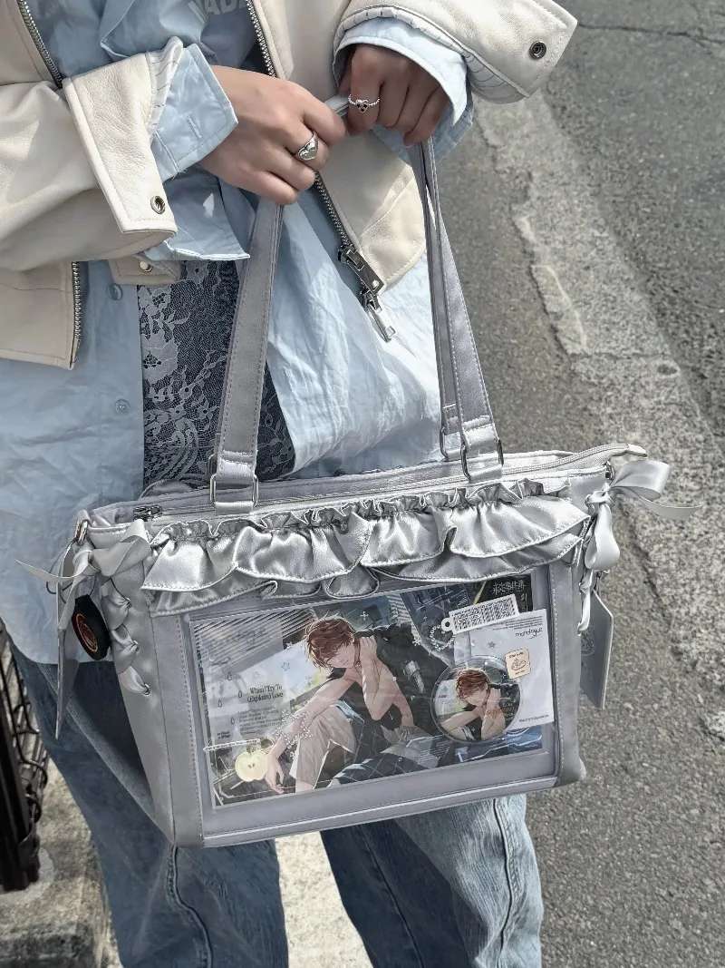 Japanese Original Sweet Cute Wave Satin Pain Bag Crossbody Shoulder Handbag Large Capacity Ribbon Bow Shopping Bags For Girls