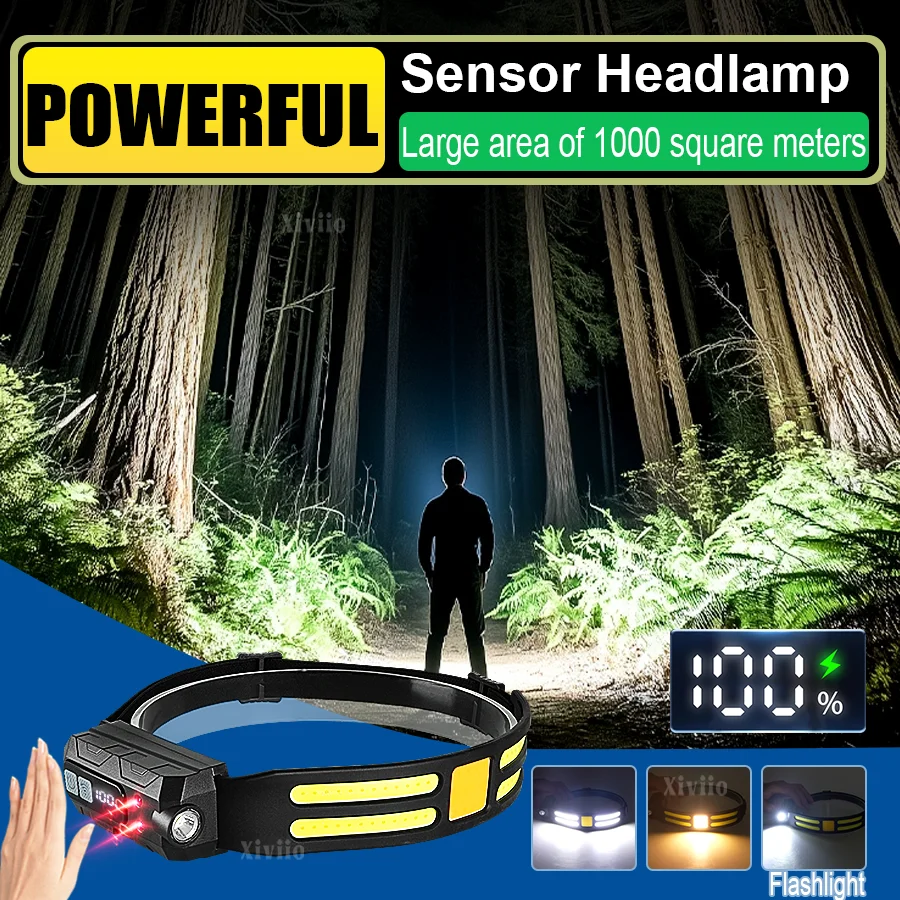 

Мощный сенсорный налобный фонарь, перезаряжаемый, высокой мощности, светодиодный налобный фонарик, тактический налобный фонарь, датчик, водонепроницаемый