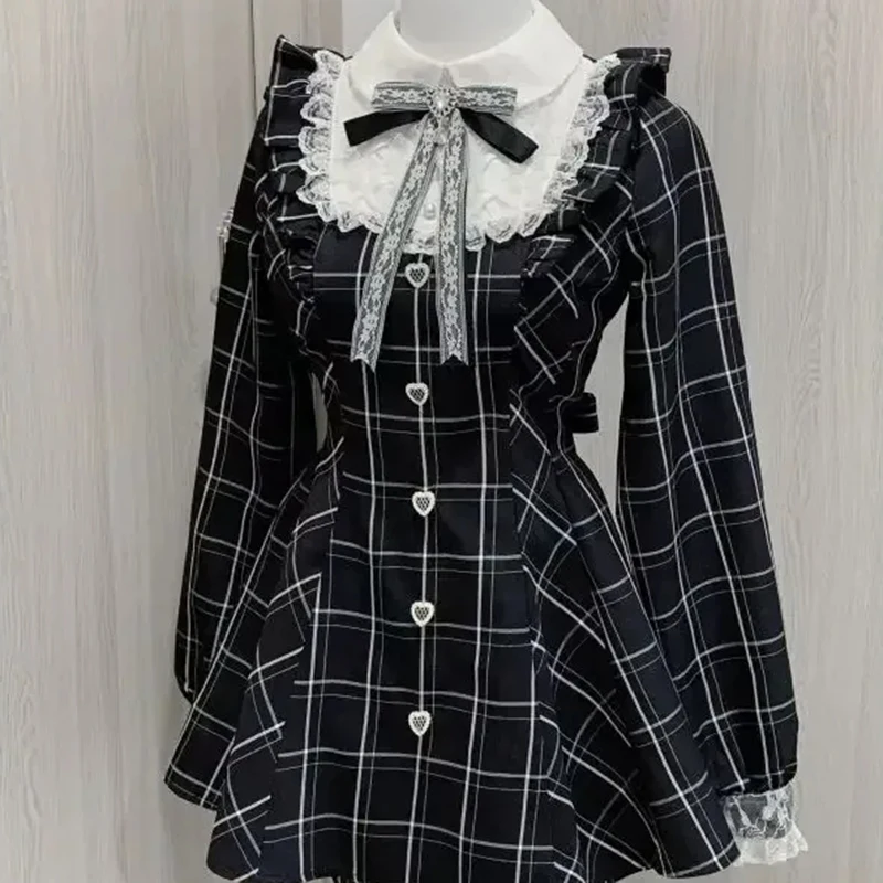 

Harajuku Sweet Bow Ruffles Dresses Vintage Slim Fit Ruched Dress Women Early Autumn New Long Sleeve Vestidos De Mujer