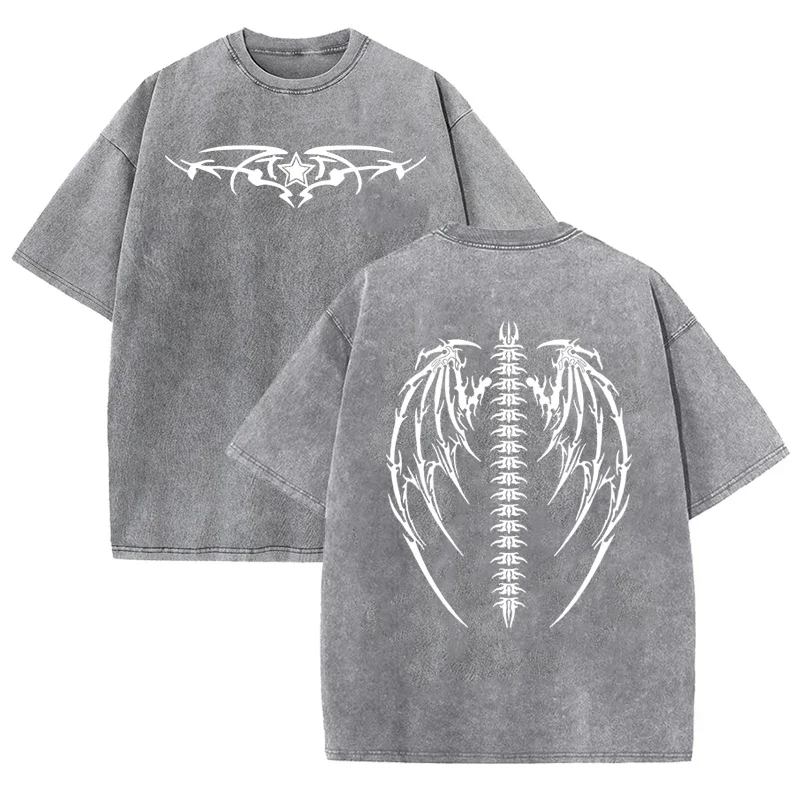 Gothic Tribal Wing Spine Print Vintage Washed Grey Y2K Lässiges Grafik-T-Shirt