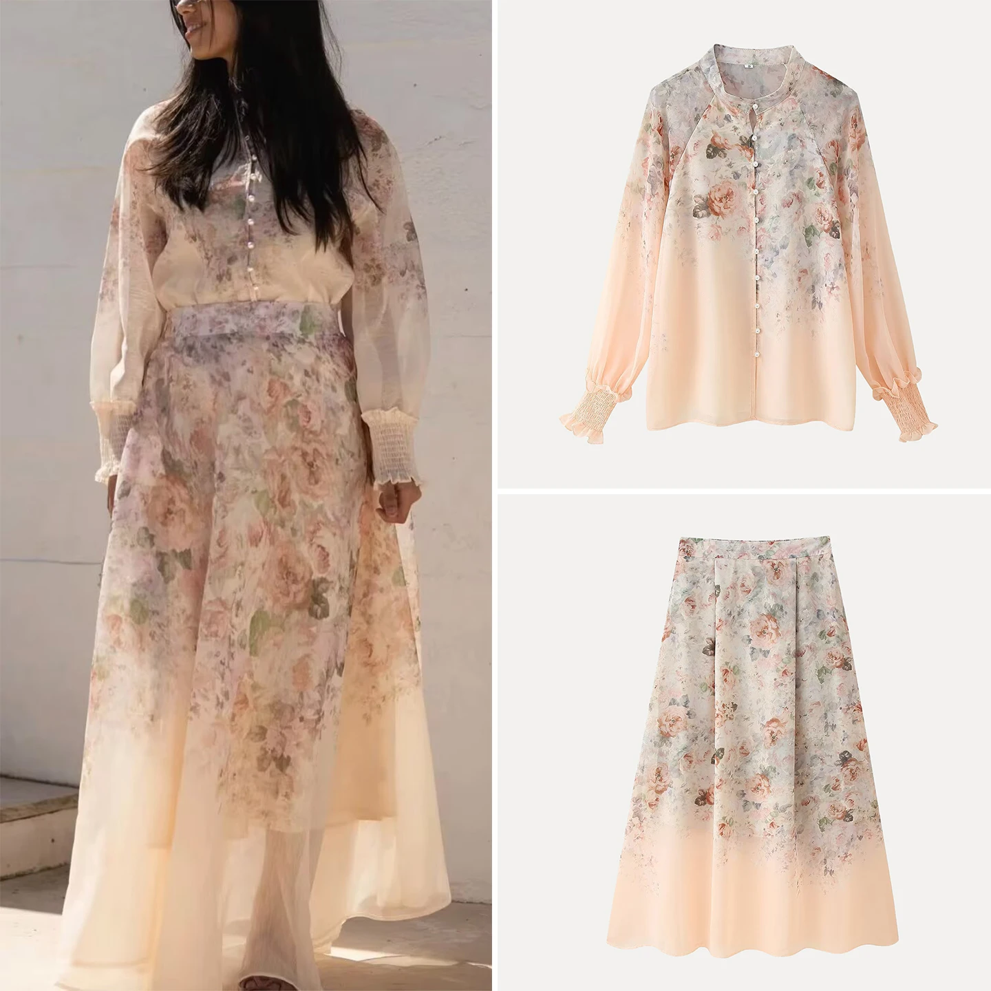 花柄プリント長袖シャツとハーフスカートセット レディースファッション ボタンアップネックライン服 秋 2025 Zブランド
