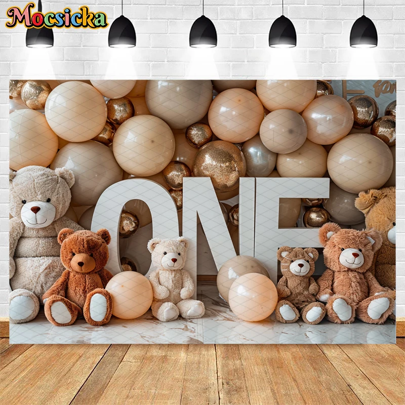 Mocsicka Tło fotograficzne 1st Birthday Party Cake Smash Kids Portrait Decor Tan Bear Balloon Wall Backdrop Photo Studio