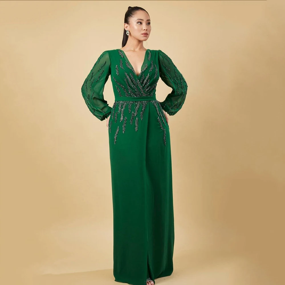 Abiti classici per la madre della sposa verde abiti per la madre a maniche lunghe arabi 2024 abiti da festa di nozze con scollo a V con perline Back Out