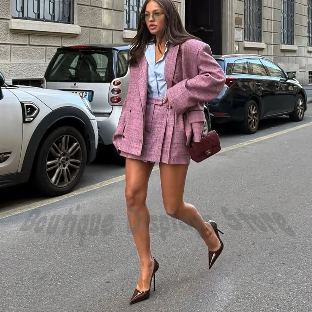 Trendy Women's Notched Lapel Suit 2 Piece Elegant Double Breasted Jacket Mini Skirt Casual Modern High Street Style Daily Wear