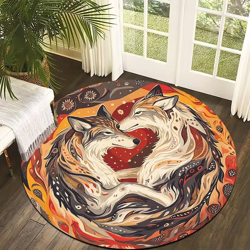 Fire & Ice Yin Yang Twin Wolves Round Rug Magical Symbol Print Non Slip Soft Animal Carpet Bedroom Living Room Home Decor Mat