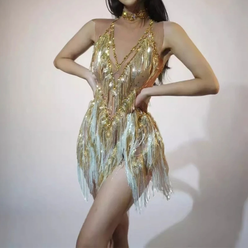 Y5GC Dynamic Mesh and Tassels Evening Gown with Sparkly Rhinestones Sparkly Fringes Dress for Stage Presences Enhancement