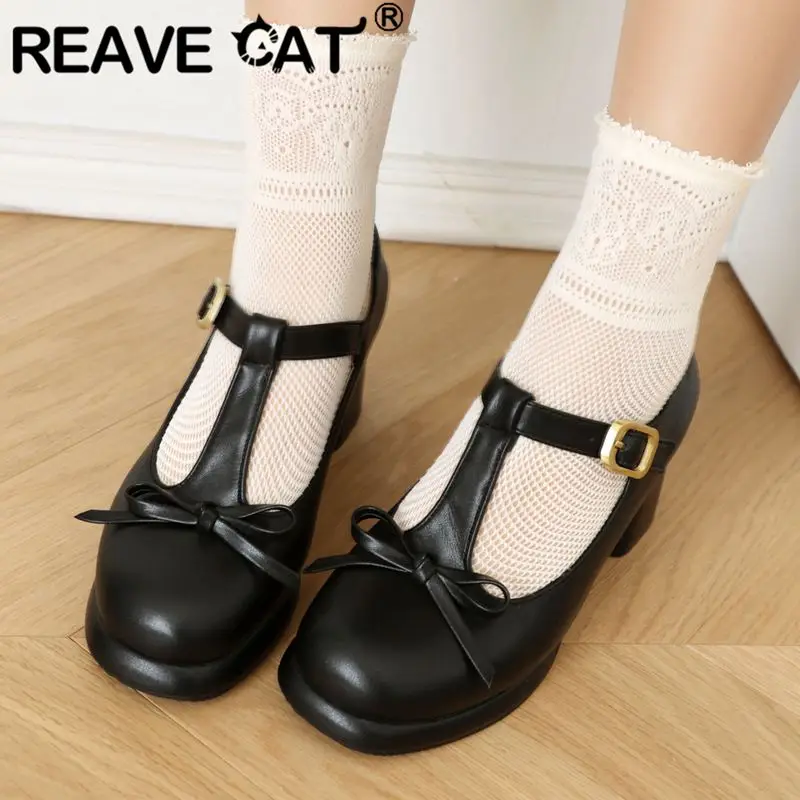 REAVE CAT Women Pumps Round Toe Chunky Heels 6.5cm Platform Bowknot Pigskin Buckle T-Strap Size 42 43 Elegant Daily Shoes