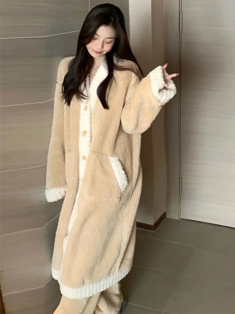 

Robe Sets Women Winter Temper Warm Patchwork Fashion Chic Lounge 2 Piece Simple Sweet Korean Style Thicker Feminine Popular Ins