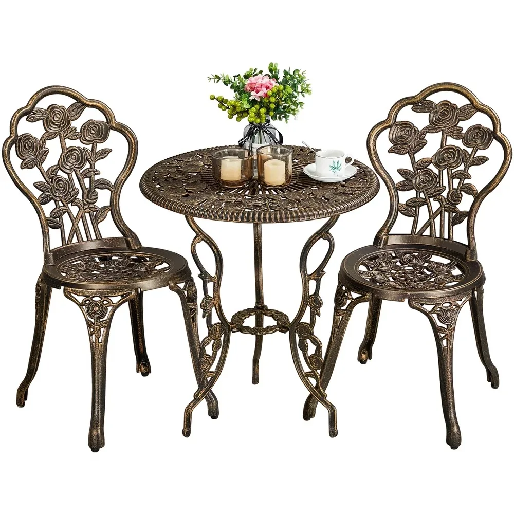 

Rose Pattern Metal Outdoor Bistro Set with Umbrella Hole, Bronze,3-Piece,armless design for more space and extra comfort