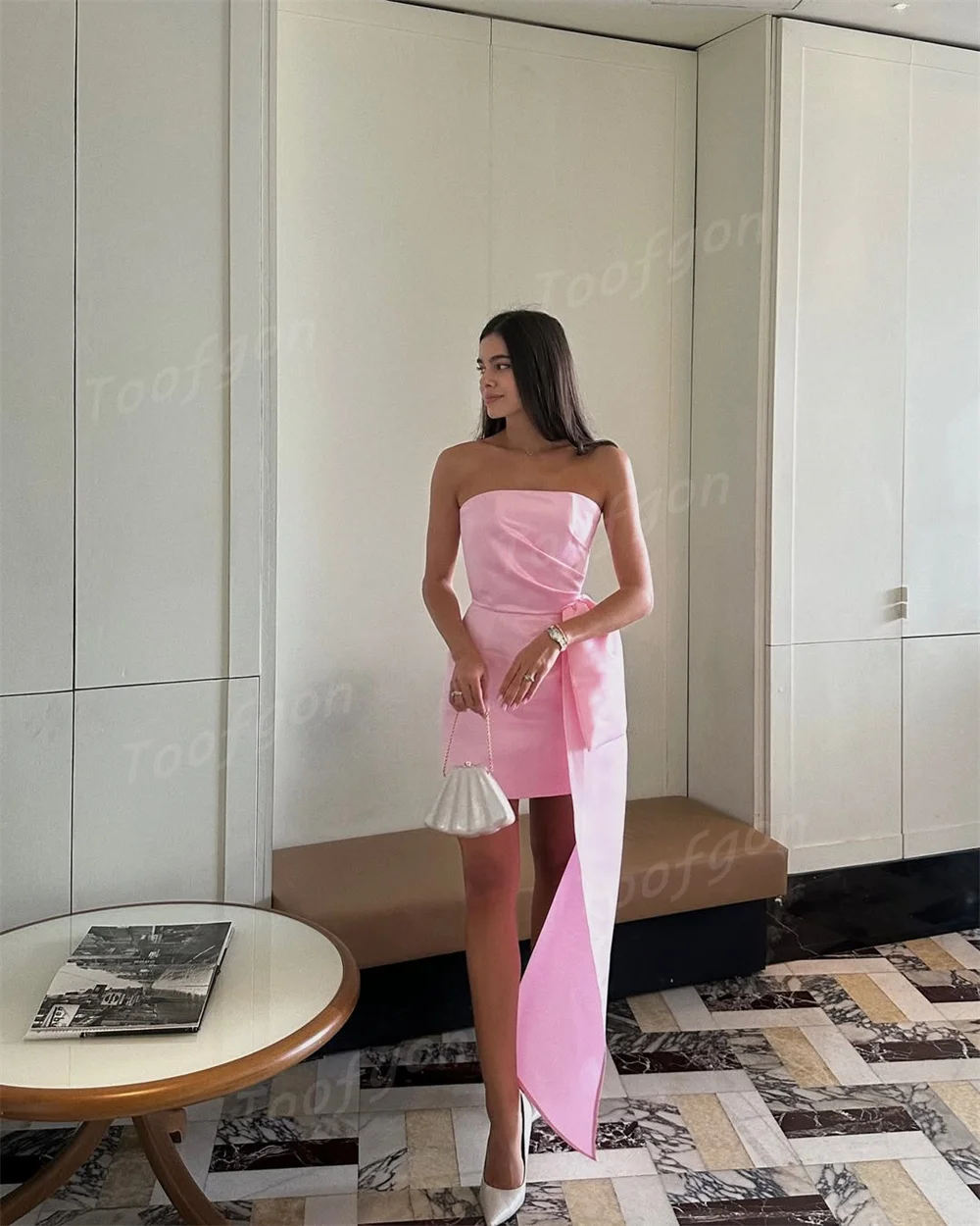 Toofgon Pink Mini Party Dresses Strapless Mermaid Wedding Party Dress Customized Pleats Women Prom Gown Short Evening Dresses