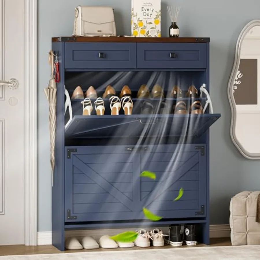 Farmhouse narrow shoe cabinet for entryway: engineered wood, white, odor control deodorizer + back panel + 2 top drawers + adju