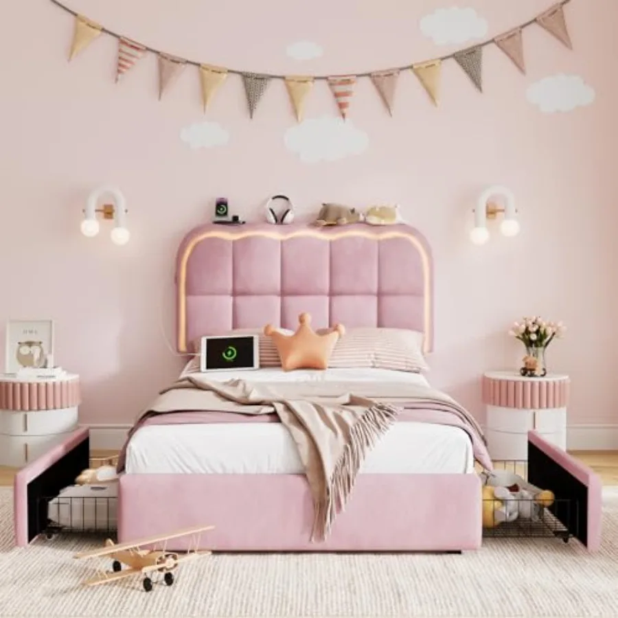 Twin Bed Frame with Storage Drawers and Headboard, Velvet Upholstered LED Platform Bed Frame for Kids, Sturdy Metal Cloud Bed
