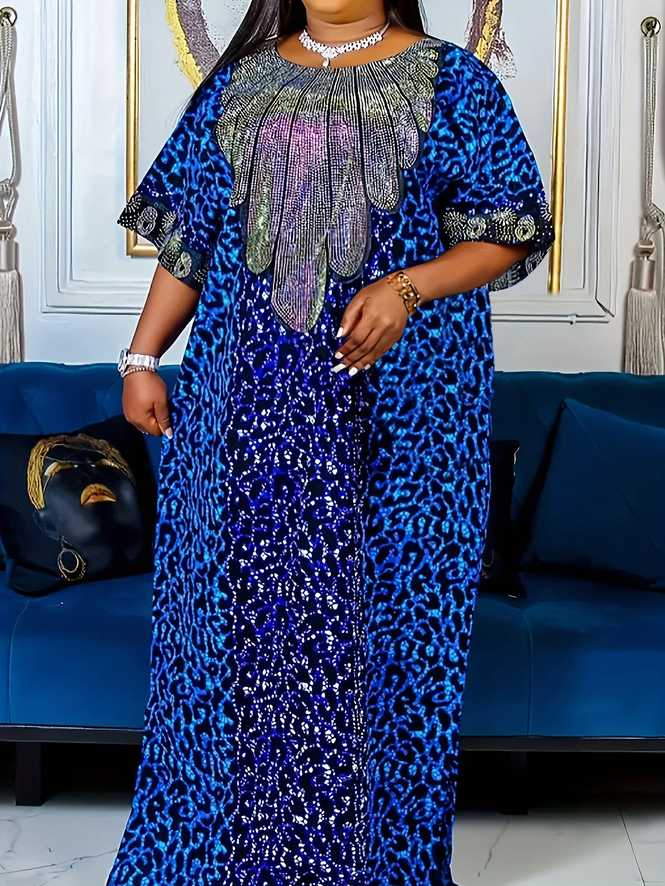 

Leopard-print round-neck decorated half-sleeved straight loose and shiny long dress