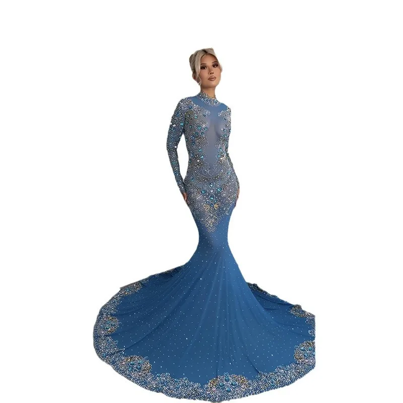 เพชรสีฟ้าคริสตัลเพชรเงา Maxi ชุด Blue Party Robe Elegante Femme Cérémonie Vestidos Luxo Para Festa พราวชุด