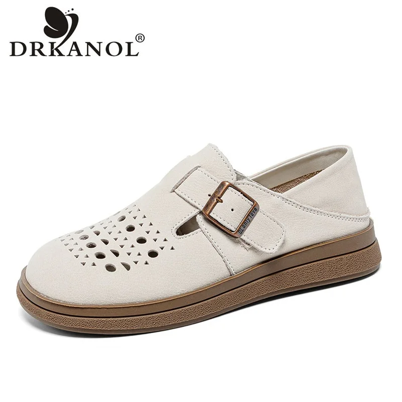 

DRKANOL 2026 Fashion Women Genuine Leather Flat Shoes Summer Hollow Out Breathable Round Toe Soft Comfort Slip On Casual Shoes