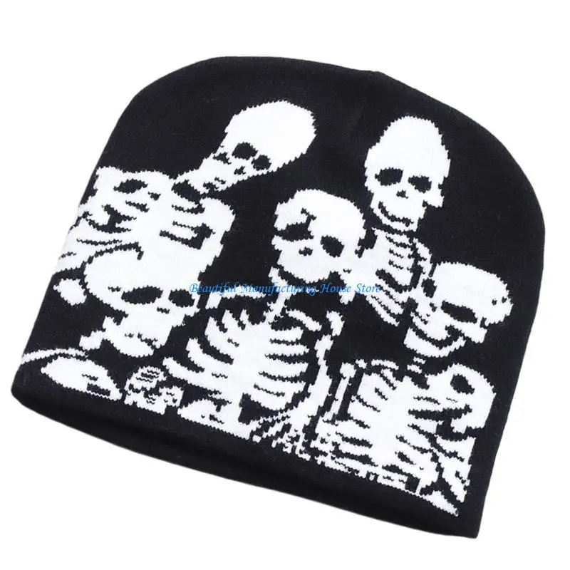 E56A Scary Skull Hat for Women Teens Popular Knitted Hat Fashion Punk Hiphop Hat Western Crochet Hat Unisex Headpiece