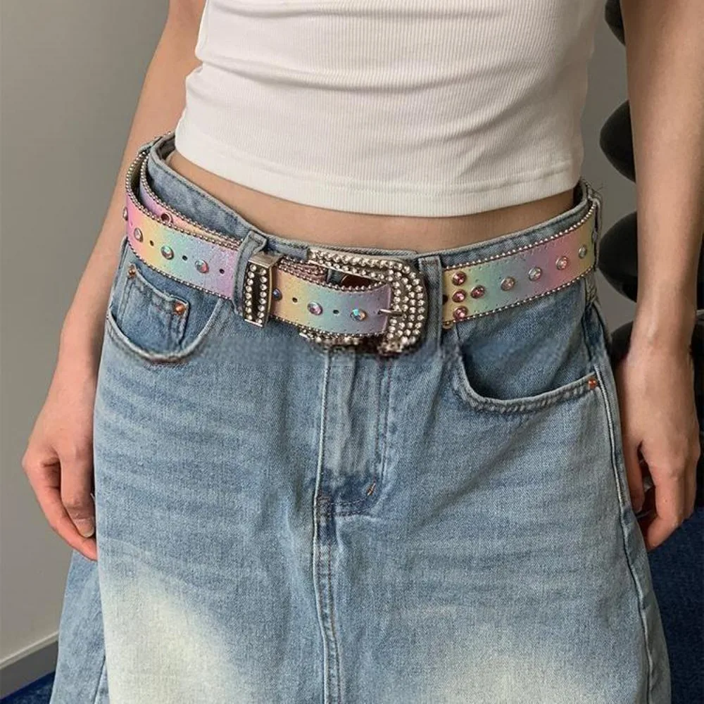 

Fashion Sequin Rhinestone Waistband Gradient Pink Shiny Retro Y2k Belt Vintage Slimming Jeans Waistband Women