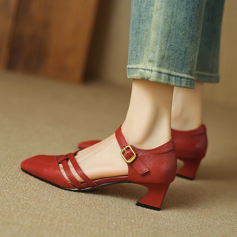 Genuine Leather Sandals Women Square Toe Chunky Heel Women Shoes 2024 New Summer Shoes for Women Giadiator Shoes Sandalias Mujer