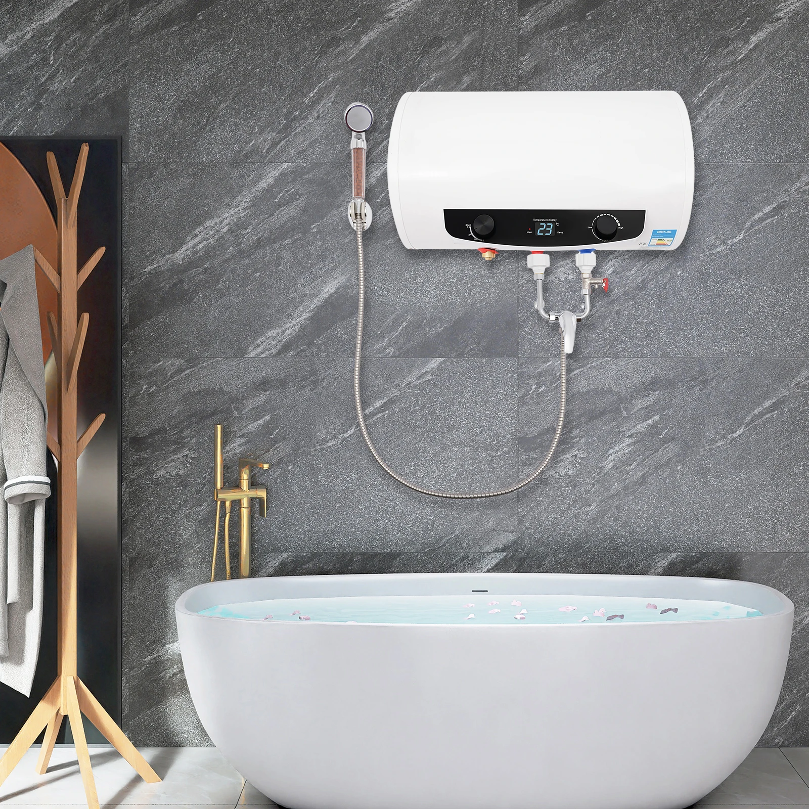 Calentador de agua montado en la pared de 110 V con tanque de 10 galones, resistente al agua IPX4, con cabezal de ducha y grifo Calentador de agua eléctrico de 1500 W (50 L)