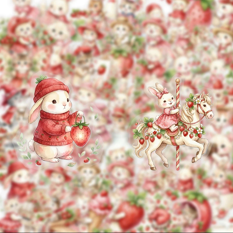 50 Strawberry Cat and Rabbit Doodle Stickers, Suitable for Diaries, Laptops, Car Bumpers, Skateboards, Water Bottles, Computer and Phone Decorations, Etc