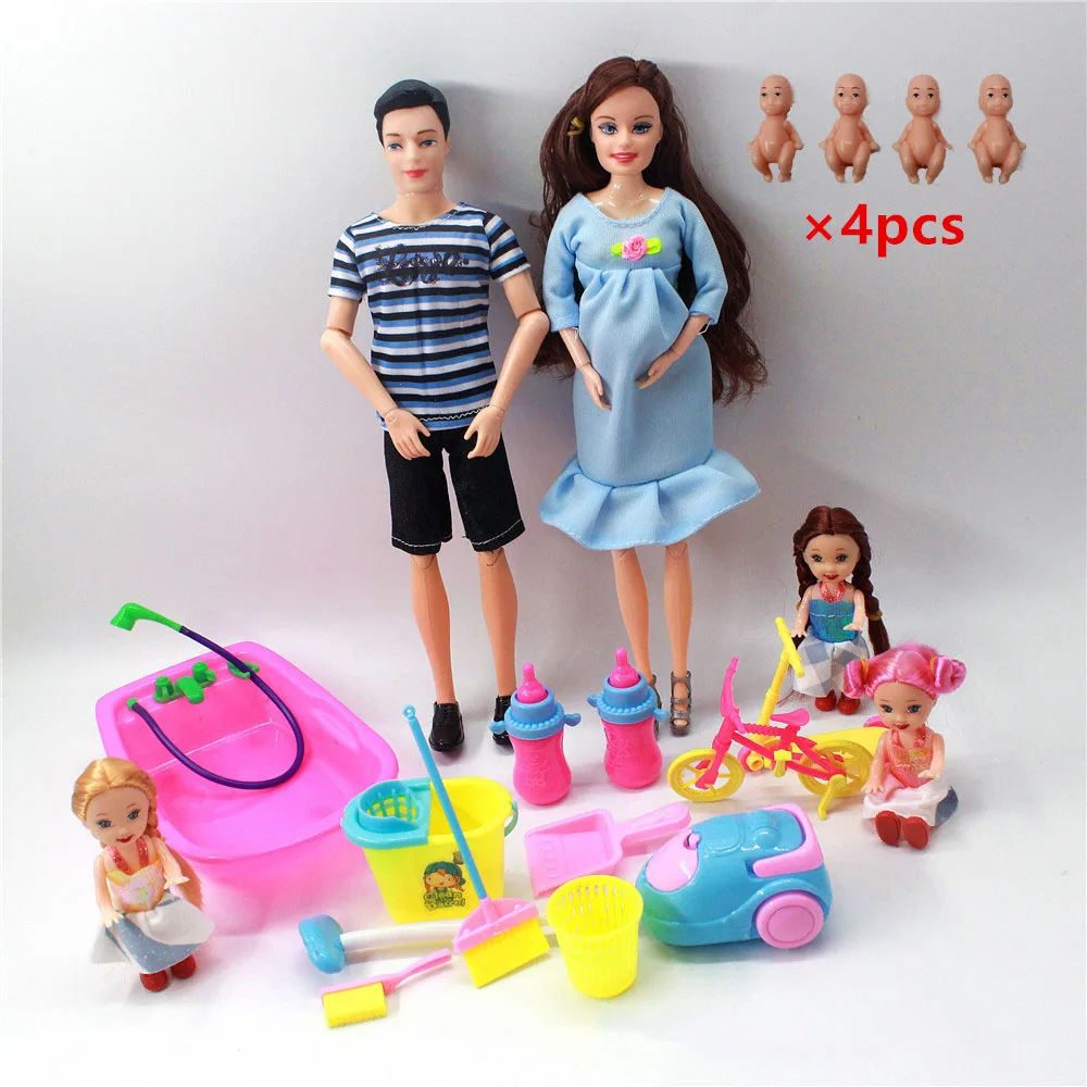 Family Couple Dolls Pregnant Mom Doll Stroller Bed Accessories Baby Girl Ken Playset Kids Pretand Play Toys Girls Gifts