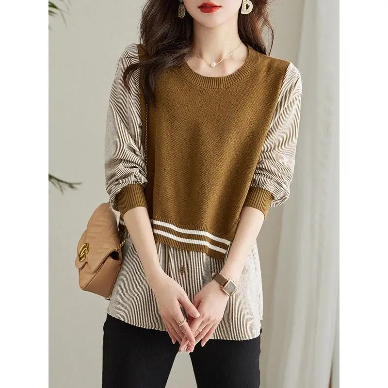 Spring Autumn New Fake Two Pieces Women Round Neck Long Sleeve Fashion Pullovers Elegant Button Striped Patchwork All-match Tops