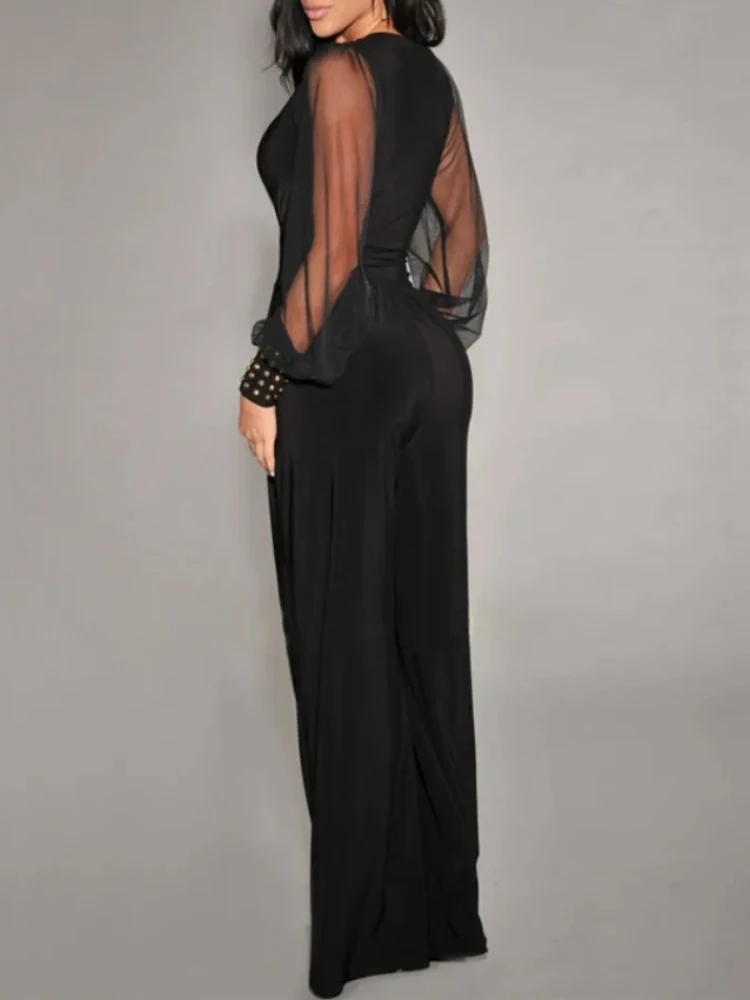 New in Spring Summer Women's Jumpsuit Black V-neck Mesh Splicing Straight One-piece Female Jumpsuit Sexy Streetwear Clothes
