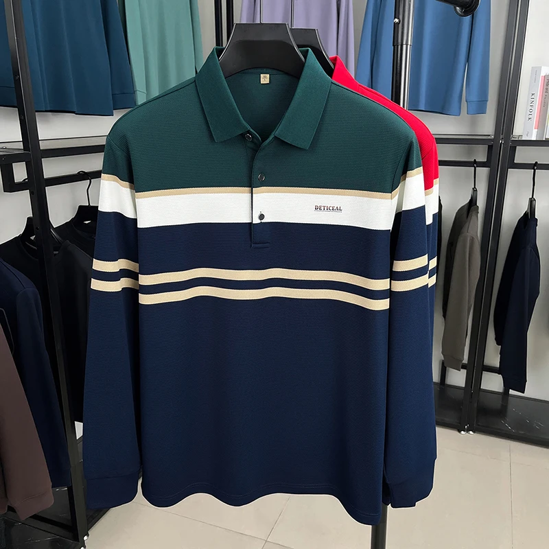 الراقية العلامة التجارية رسالة مطبوعة قميص بولو بأكمام طويلة الرجال في الربيع والخريف جديد عادية وأزياء مخطط التلبيب تي شيرت #4