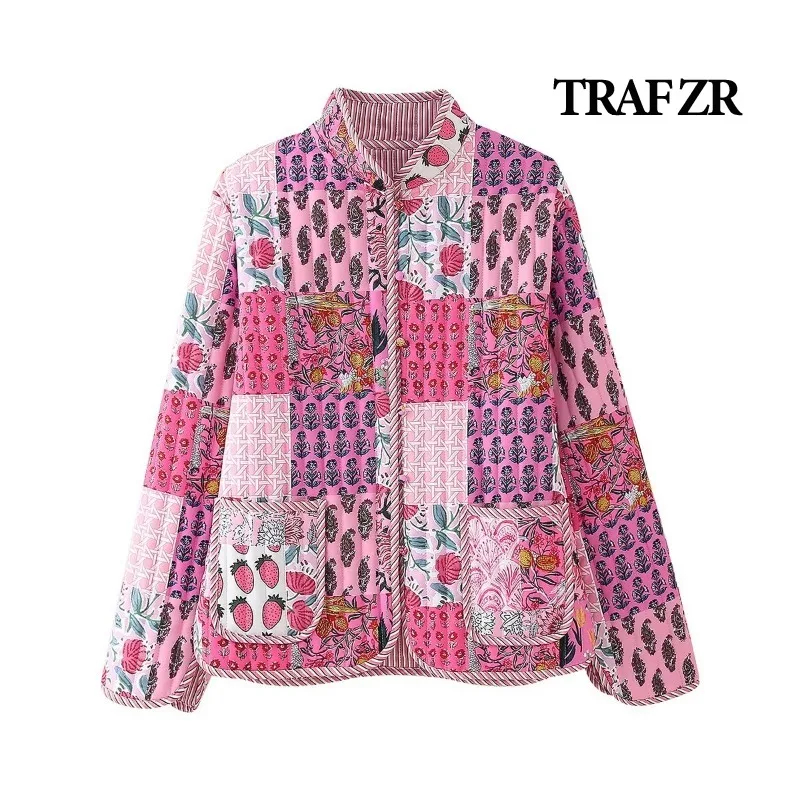 

TRAF ZR Snow Parka Floral Print Padded Coat Prairie Chic Spliced Parkas Elegant Luxury Women's Coat Warm Woman Winter Coats