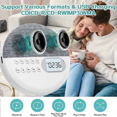 Reproductor de CD portátil multifunción, altavoz bidireccional Bluetooth 5,0, reproductor MP3 con protección antisaliva, Walkman de música de CD estéreo Dual