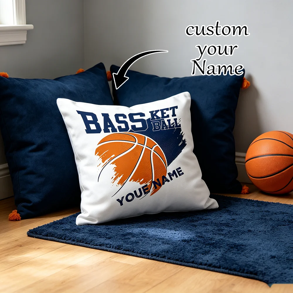 1PC Custom Name Pillow Cover, Basketball Sports Print, Personalized Cushion Case for Boys Teens Bedroom Sofa Home Decor Gift