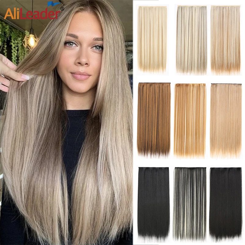 Long Straight Synthetic 5Clip In Hair Extensions 24Inch One Piece Black Blond Brown High Temperature Fiber Fake Hairpieces