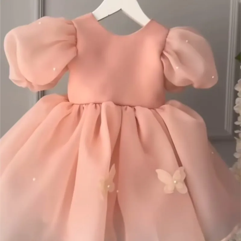 Baby Girl Princess Tutu Dress Puff Sleeve Infant Toddler Child Vintage Pearl Butterfly Vestido Wedding Party Baby Clothes 1-12Y