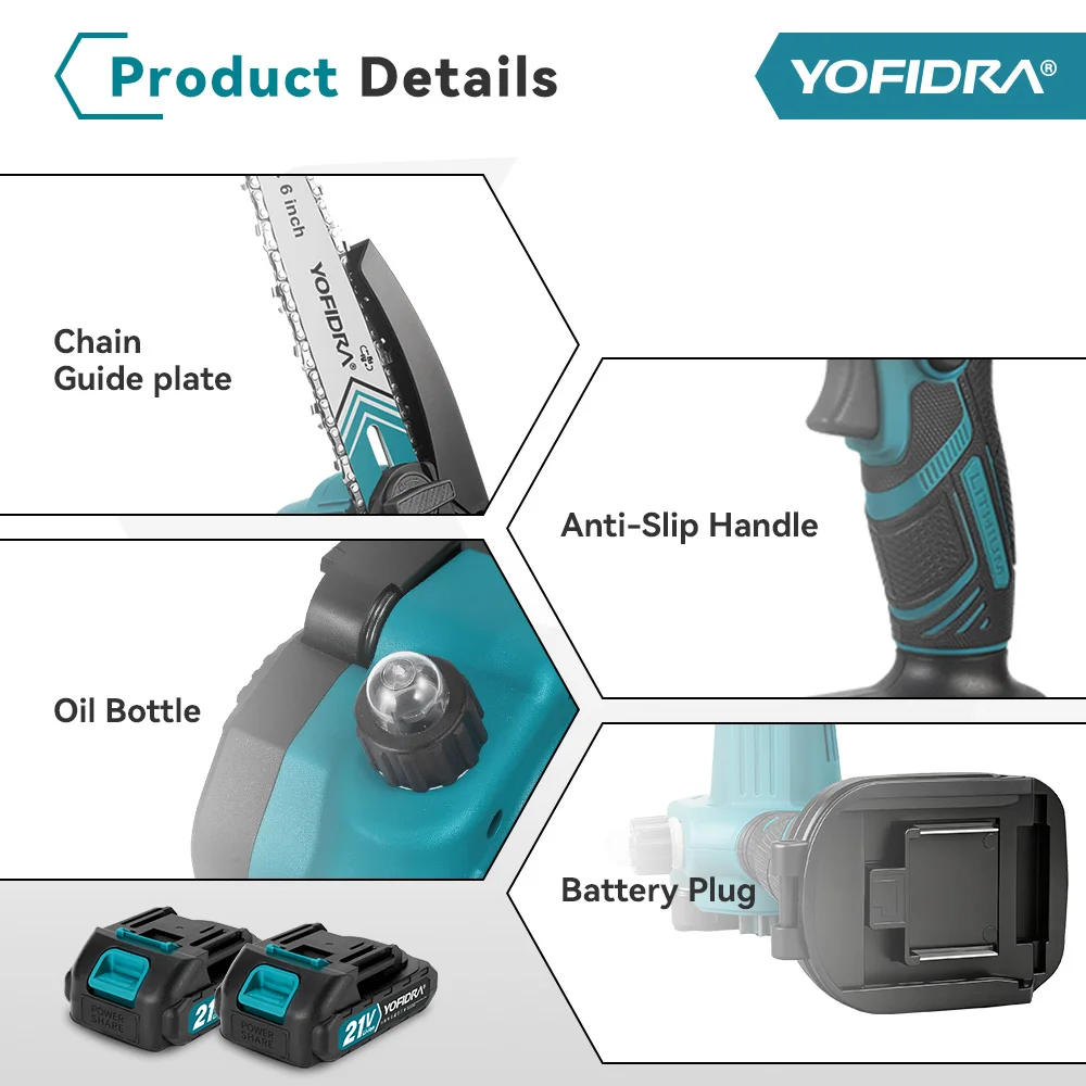 YOFIDRA 6 Zoll Elektrische Kettensäge Kabellos mit Ölsystem für Gartenholzschneiden, Holzfällen und Beschneiden, Elektrowerkzeug für Makita 21V Akku – Detail 10