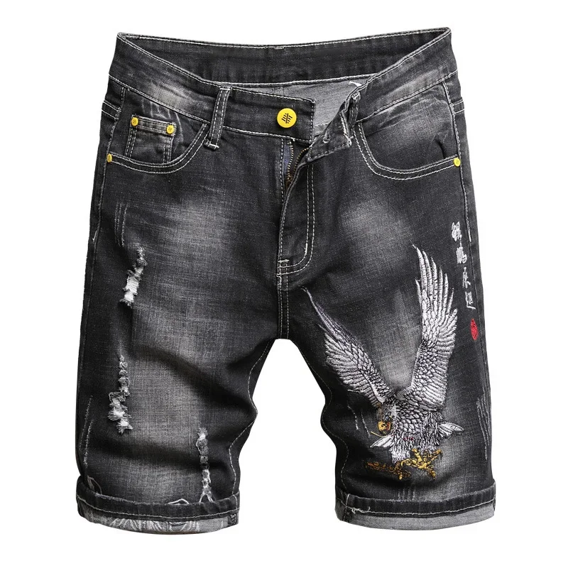 Fashion Summer Men's Denim Shorts Chinese Style Embroidery Classic Black Stretch Slim Casual Short Jeans Trend Streetwear Male