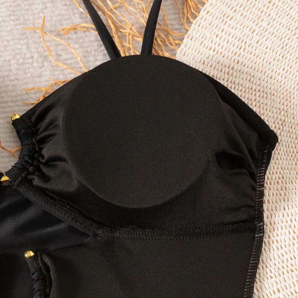 Solid Color Monokini Monokini One-piece Swimsuit with Underwire Push-up Bra Metal Buckles Hollow Strappy Design Sexy Ring-linked