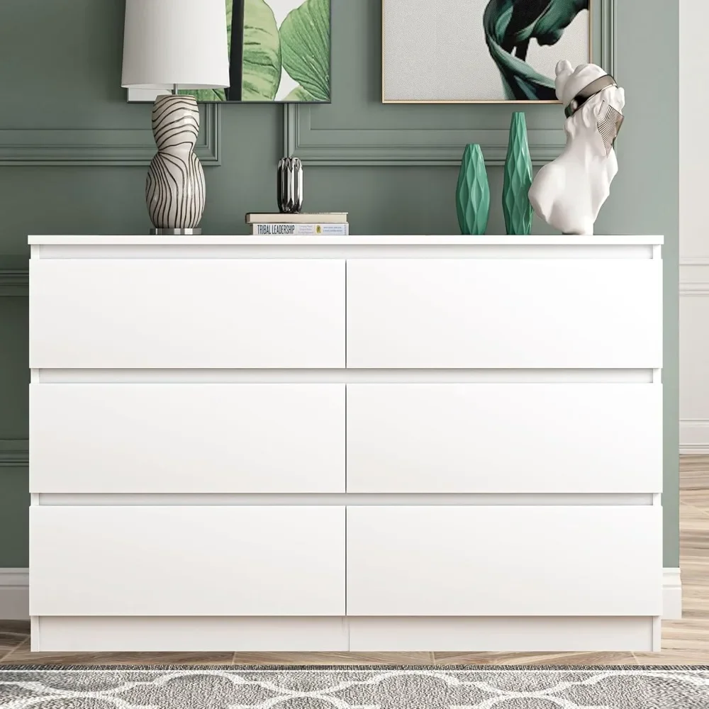 White Dresser 6 Drawer, Modern Double Dresser for Bedroom, Wood Chest of Drawers with Wide Storage for Living Room