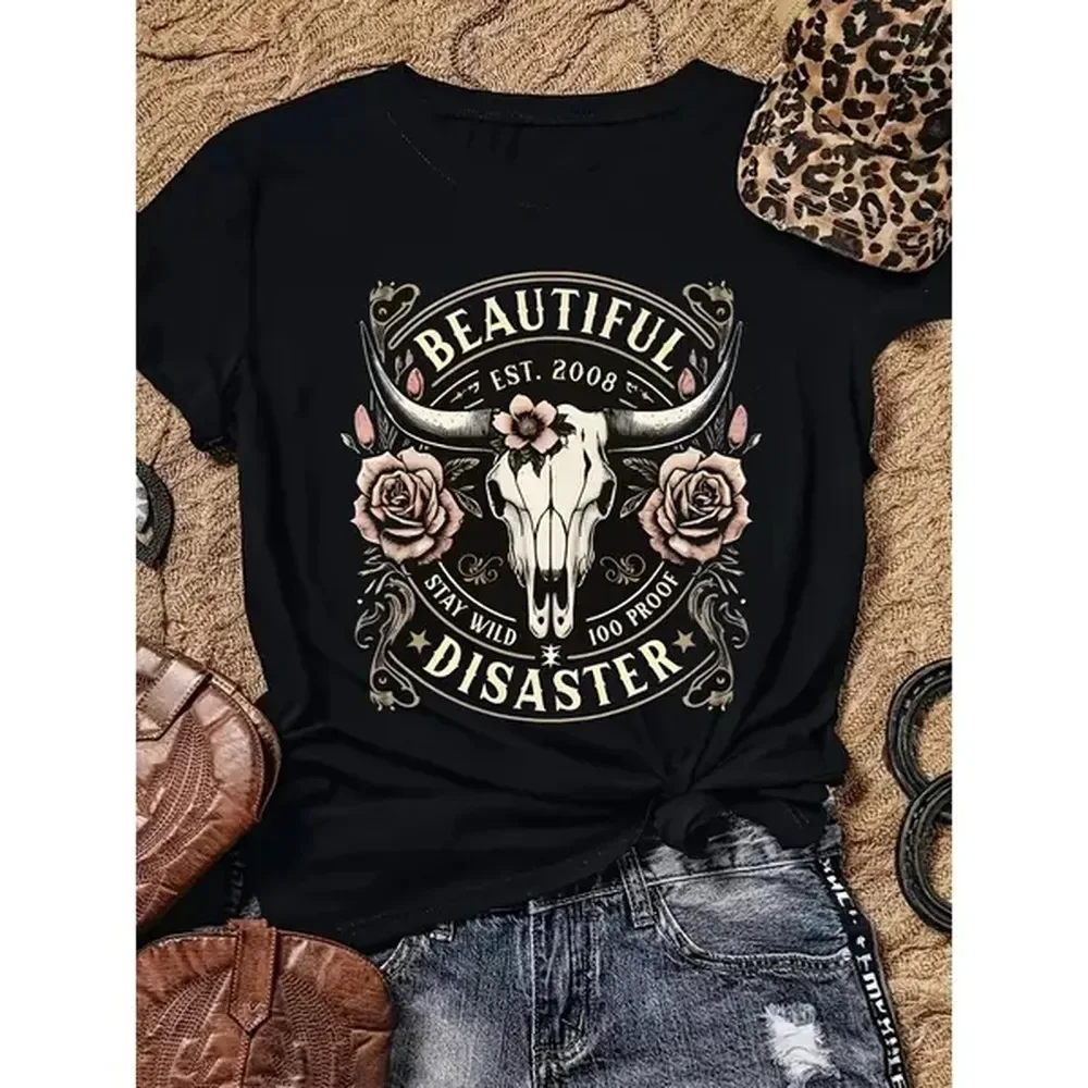 [100% Cotton] Women'S Western Cowboy Graphic T-Shirt - Black Short Sleeve Crew Neck Top With Bull Skull & Floral Design, 