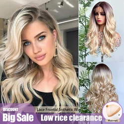 Long Blonde Body Wave Synthetic Wigs Purple Root T Deep Part Lace Frontal Lace Wigs for White Women Daily Use Wig Heat Resistant