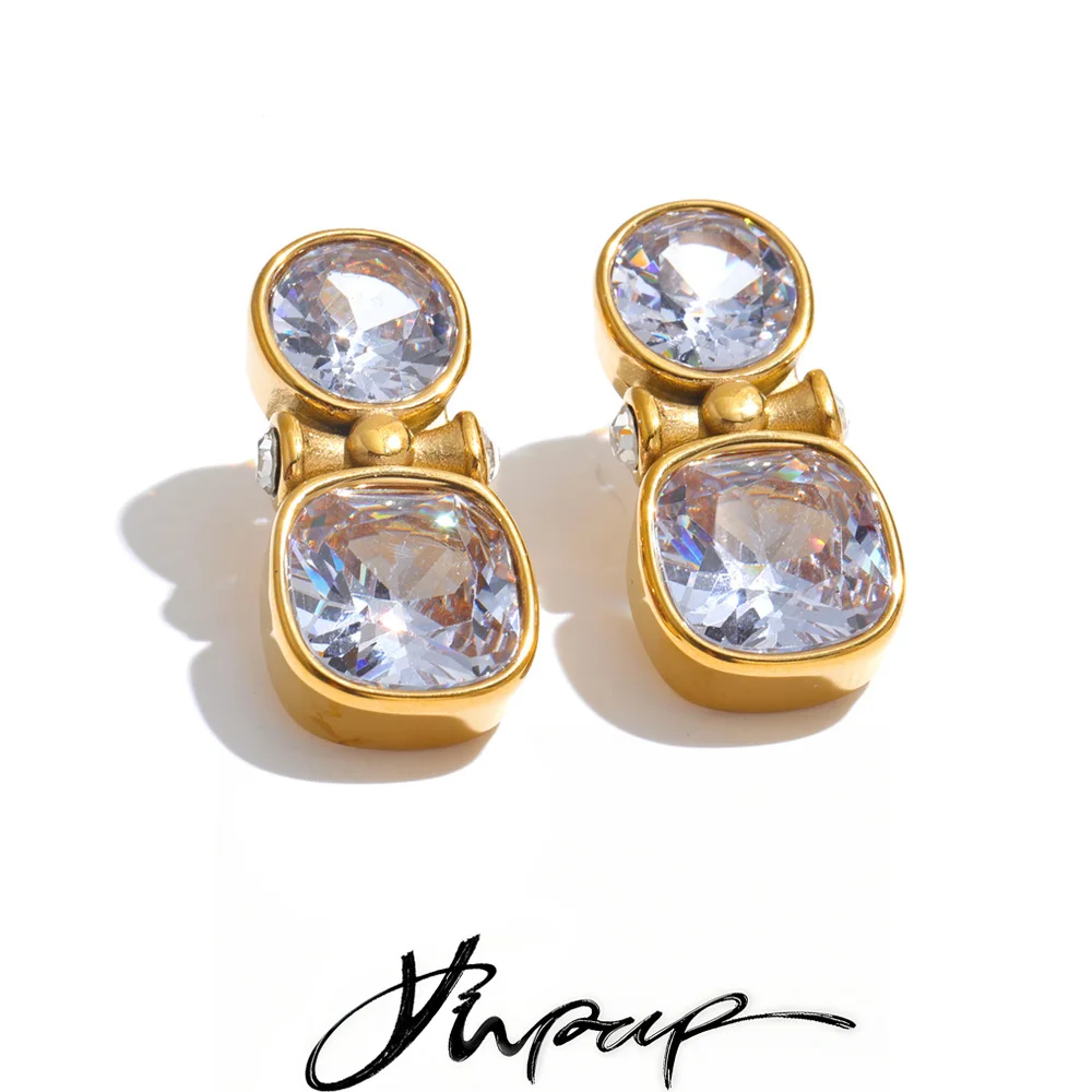 Yhpup AAA Shiny Cubic Zirconia Square Stud Earrings High-Grade Popular Temperament Luxury Aesthetic Jewelry Prom Gift