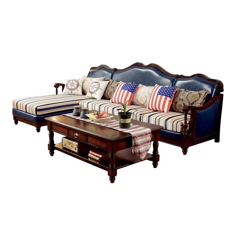 # American-Style Solid Wood & Leather Sectional Sofa with Chaise, 4-Seater Couch with Striped Upholstery & Ornate Details