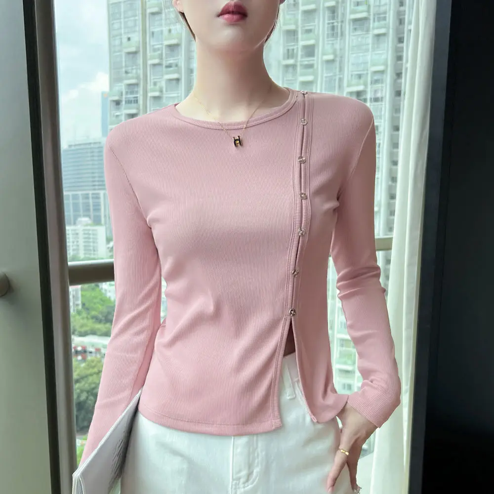 Rundhals-Pullover, schmale Passform, Innenoberteil, T-Shirt mit schräger Knopfleiste, lange Ärmel, Temperament, Pendeln, schlichtes Design, Basishemd