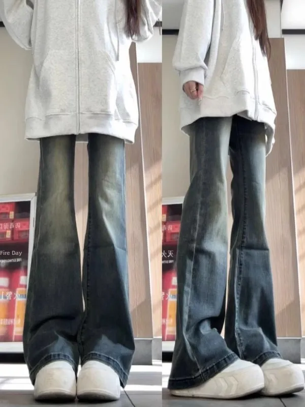 

Ретро джинсы с высокой талией, облегающие, длинные, женские, весна-осень, новые, в американском стиле, расклешенные, повседневные, джинсовые брюки