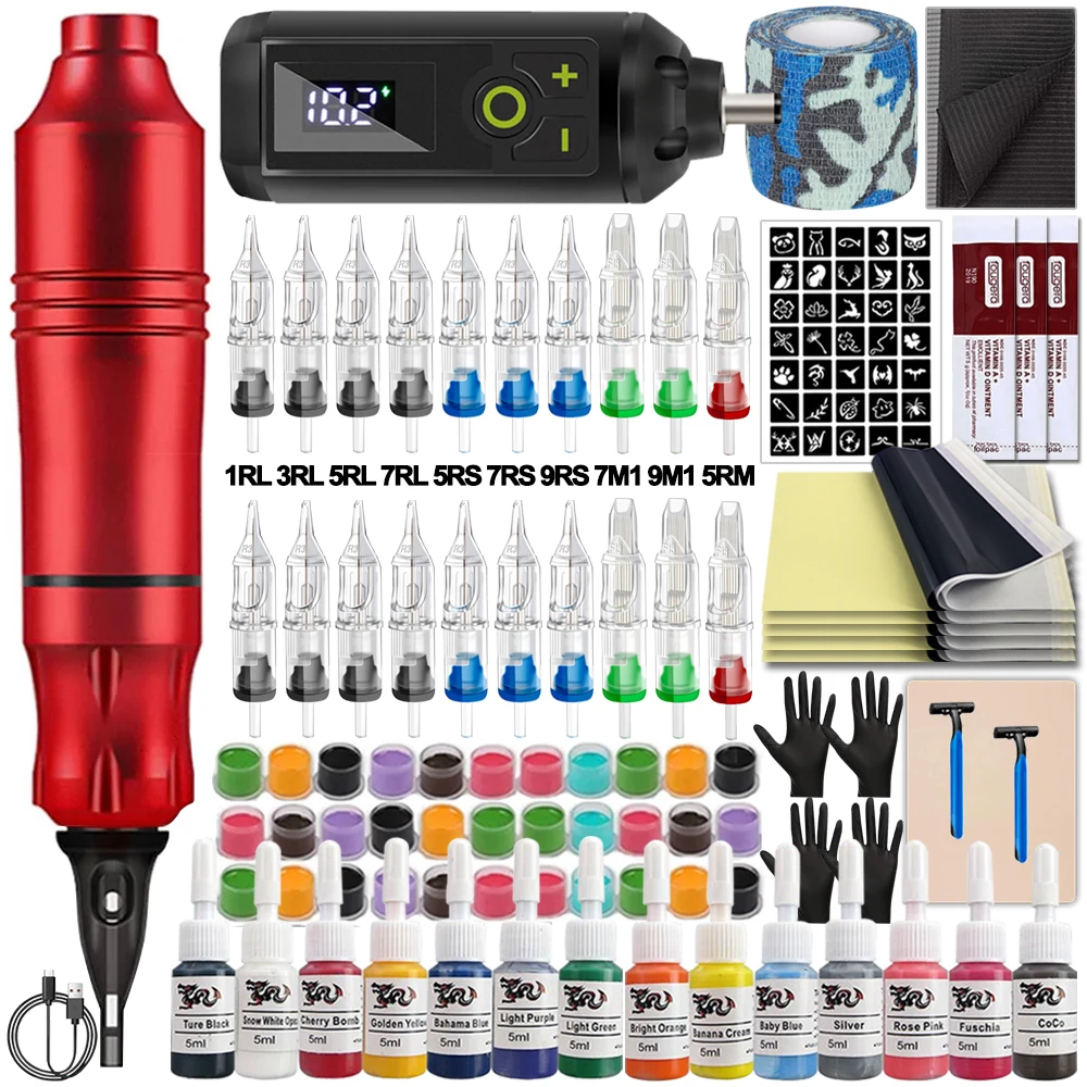 Tattoo Machine Kit Tattoo Pen Machine Set met draadloze voeding Tattoo Cartridge Naalden Inkten voor Tattoo Beginner