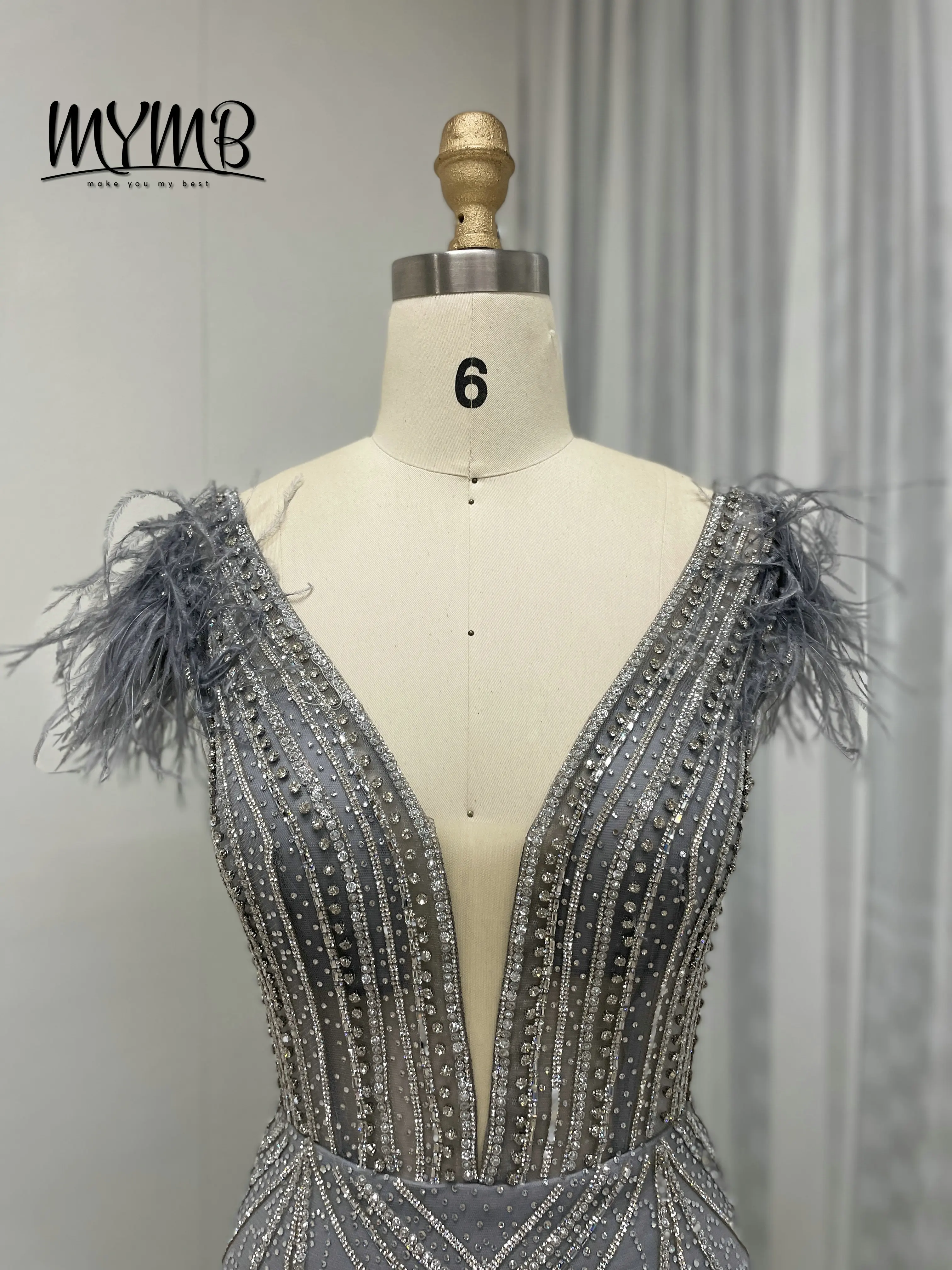 MYMB Sexy Newest Design Luxurious Feather Shining Sequin Beading Embroidered Mermaid Prom Evening Dresses Gown For Party MB40257